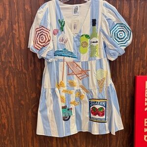 QUEEN OF SPARKLES Light Blue and White Striped Embellished Mini Dress